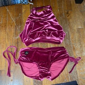 Velvet Halter Bralette and Bottom Pole Dance Set - Pink